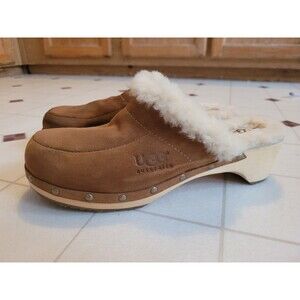 UGG Chestnut Kalie Suede Sheepskin Fur Trim Slip On Wood Platform Clogs Sz 10